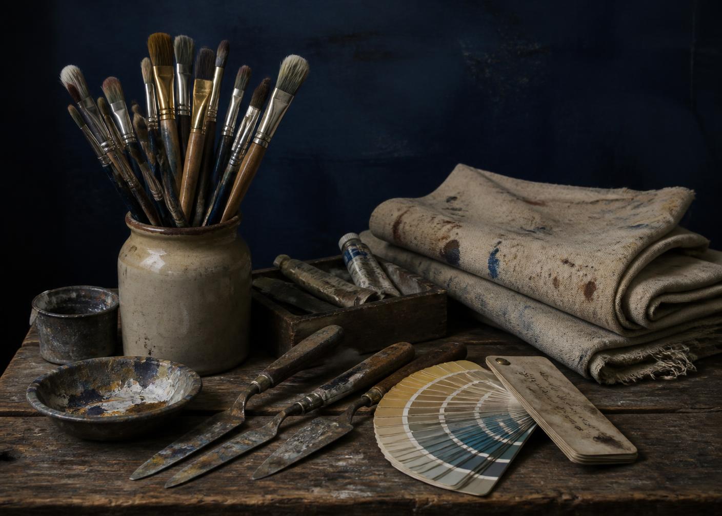 Outils d'artisan peintre : brosses, couteaux et nuancier sur un établi