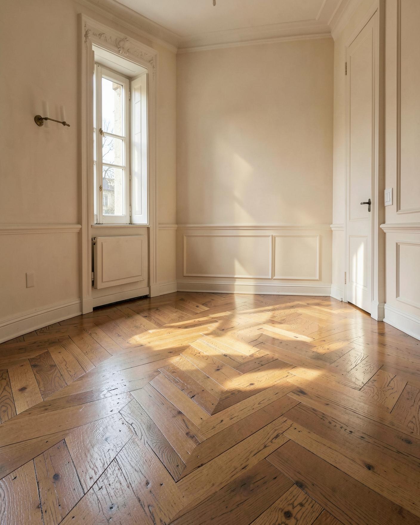 Parquet en chêne massif rénové posé en point de Hongrie