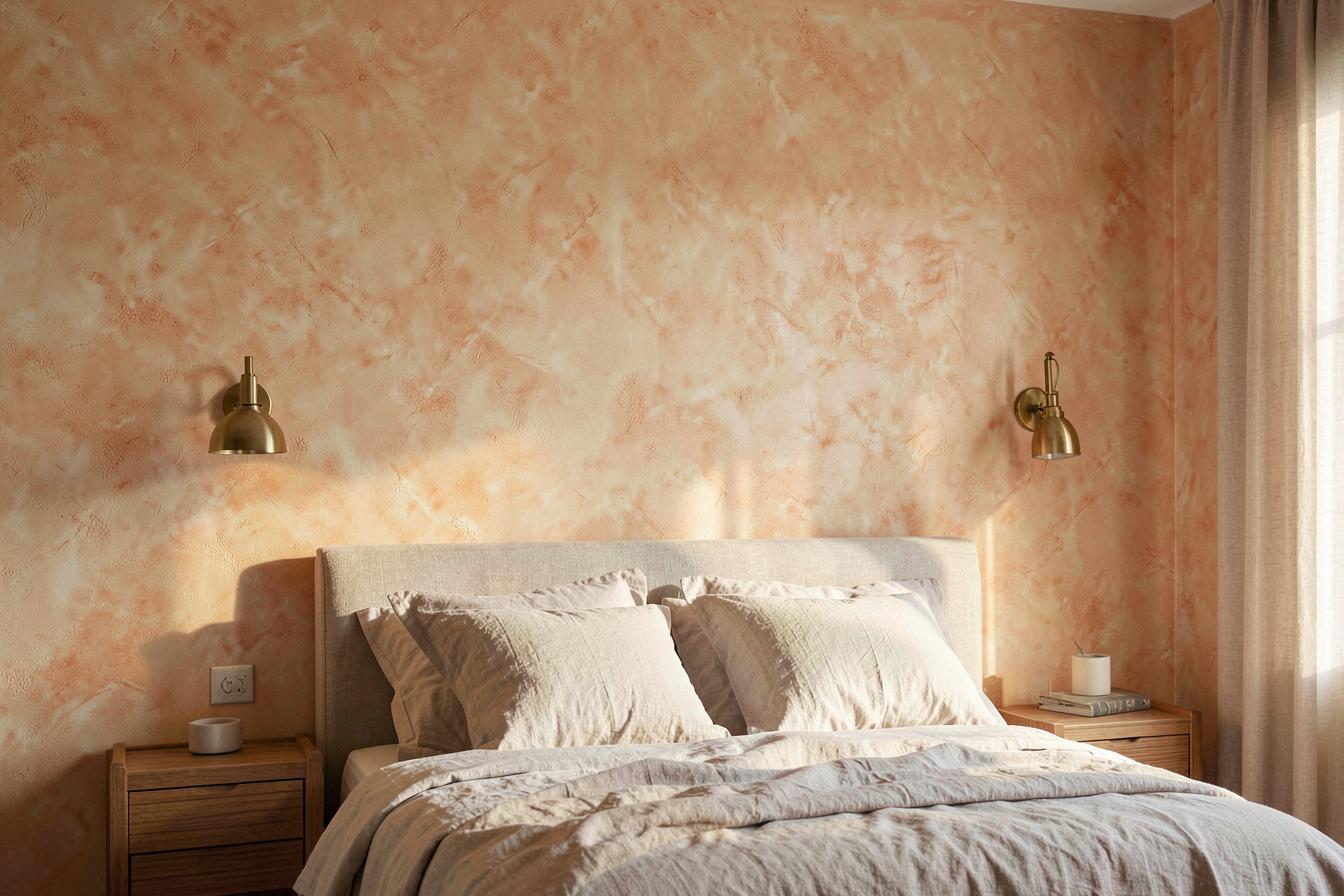 Mur de chambre en enduit à la chaux aux teintes terracotta et sable