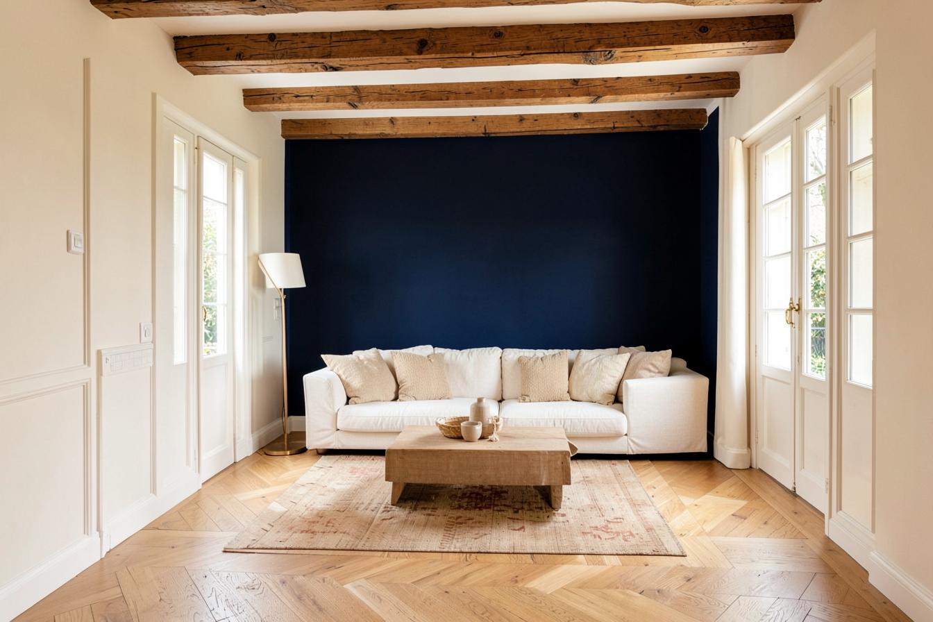 Séjour rénové avec mur d'accent bleu profond, poutres apparentes et parquet clair