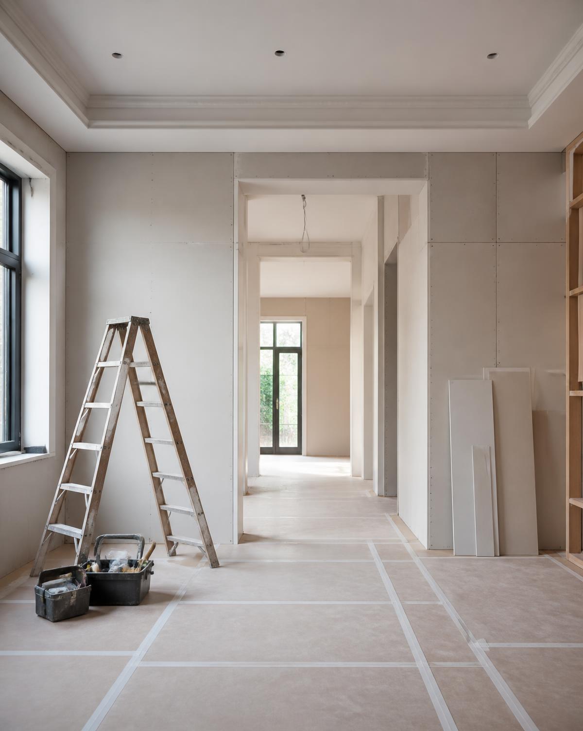 Chantier de rénovation intérieure avec sols protégés et cloisons neuves